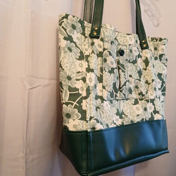 New Fall Floral Tote Shopper shoulder Bag Green White Double handle Carryall - Picture 7 of 12